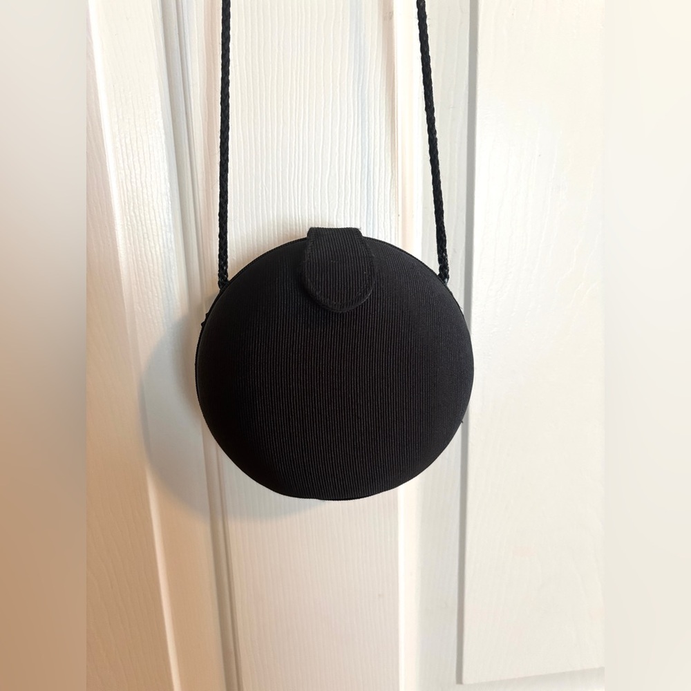 Whiting & Davis Hard Case Round Black Fabric Crossbody Bag